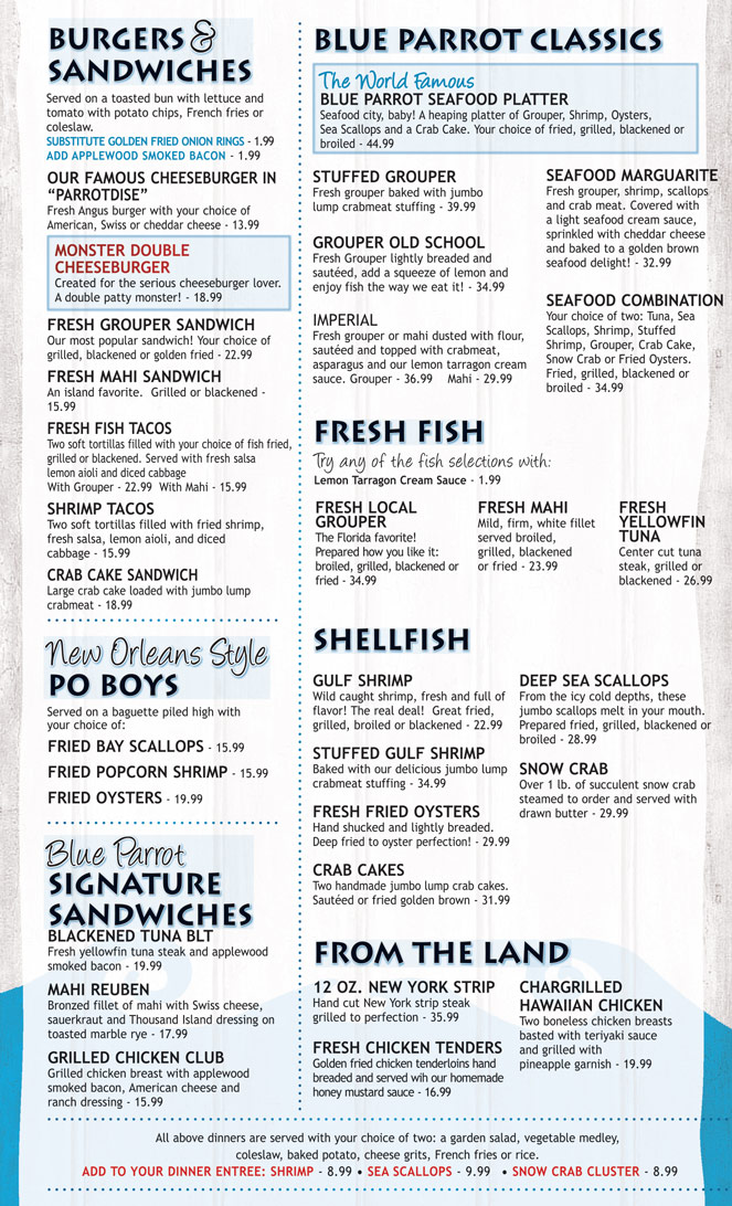 Blue Parrot Oceanfront Cafe Menu